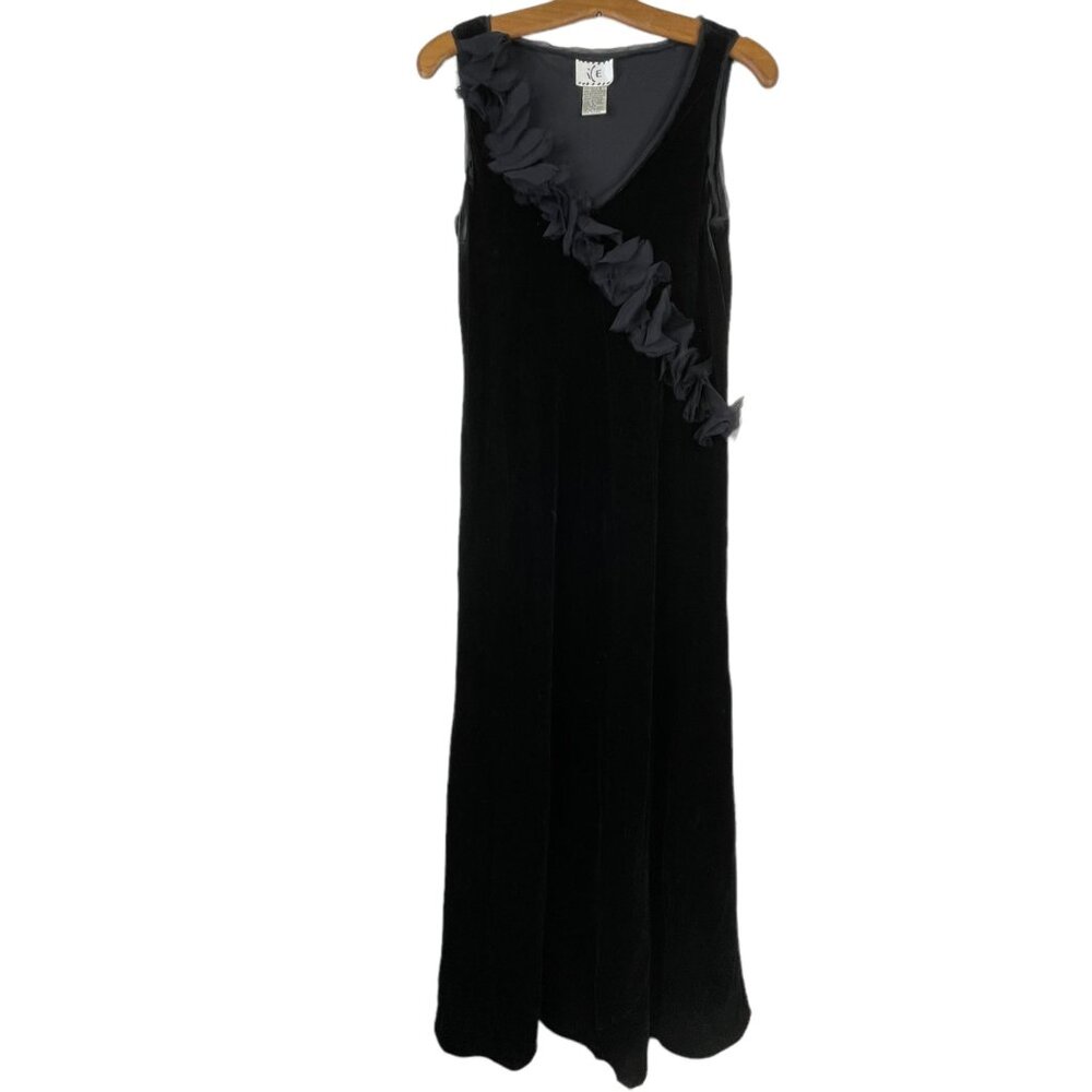 90s Ice Vintage Midi Dress Velvet Black Silk Blend Ruffle Womens 8 Whimsigoth
